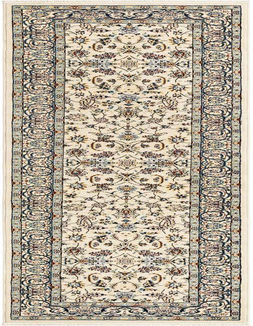 A 10 ft ivory runner rug with a traditional floral Oriental pattern and a dark blue border, ideal for hallways.