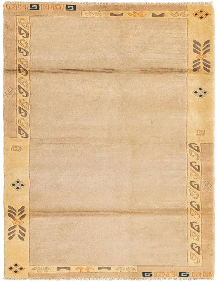 An 8 ft runner rug in shades of ivory and cream, featuring a modern oriental border pattern, ideal for a hallway.