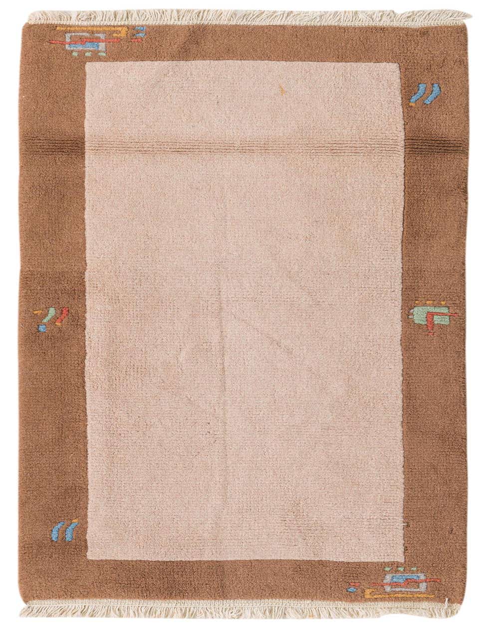 A 5 ft runner rug with a cream center and a wide brown border featuring abstract, colorful motifs. Ideal for hallways.