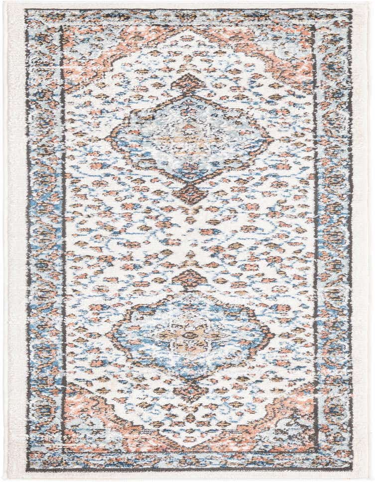 A 6 ft runner rug with a distressed traditional medallion pattern in ivory, blue, and peach, ideal for a hallway.