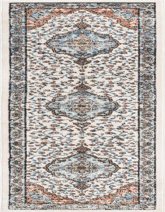 An 8 ft runner rug from the Rugs.com Nyla collection, featuring a traditional medallion pattern in ivory, blue, and terracotta.
