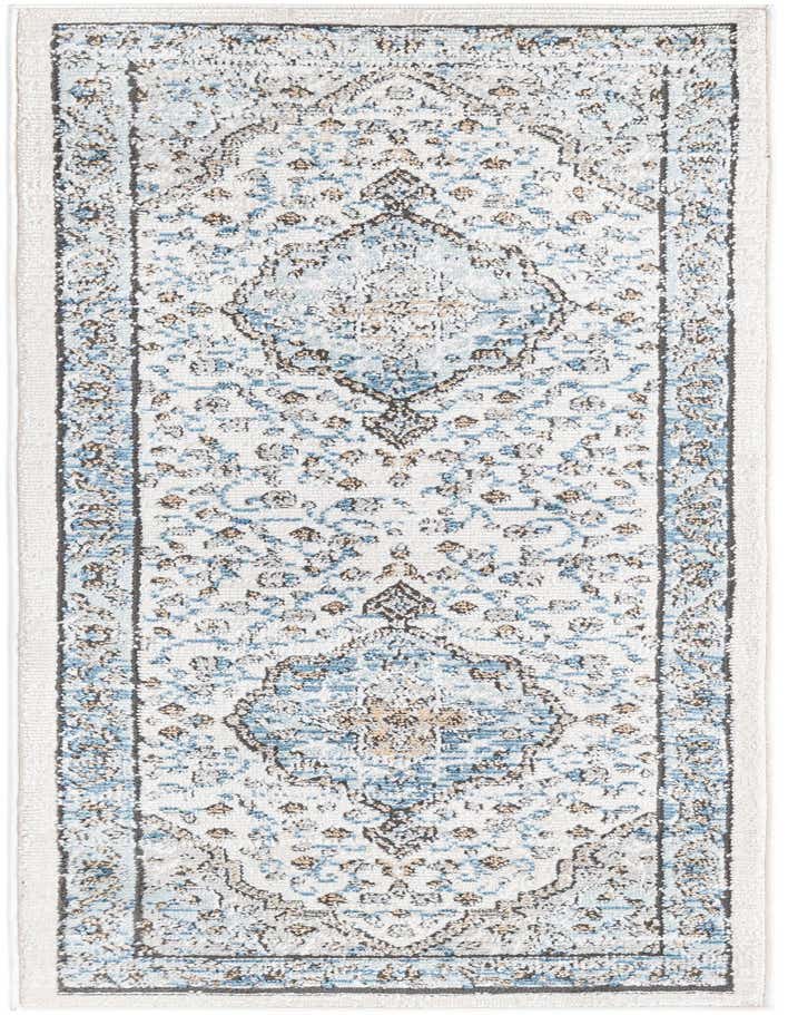 A 6 ft runner rug with an ivory and cream base, featuring a distressed traditional pattern in light blue and brown.