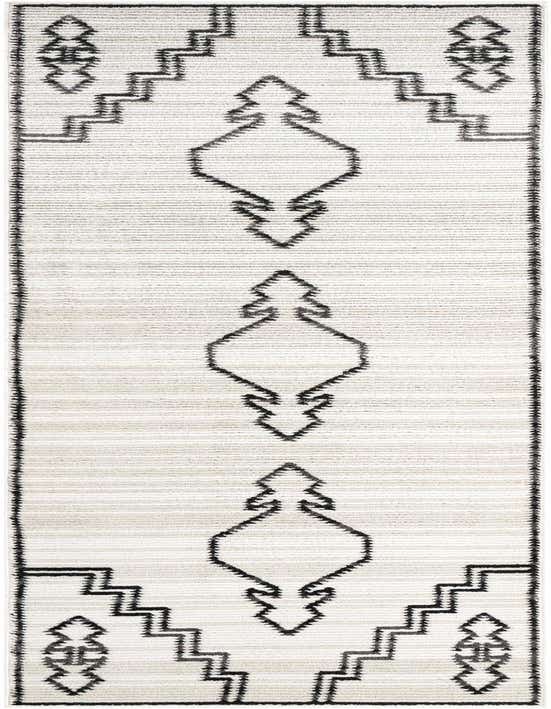 A 10 ft ivory runner rug with a black traditional geometric pattern, ideal for a hallway.