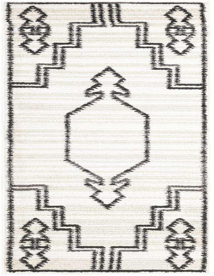 A 6 ft runner rug with a textured ivory and cream background, featuring a bold black traditional medallion pattern.
