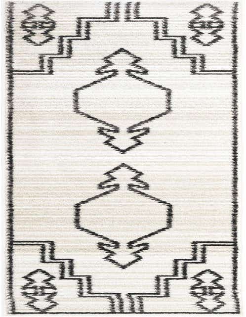 An 8 ft runner rug from the Odyssey collection, featuring a textured ivory and cream base with a bold black geometric pattern, ideal for hallways.