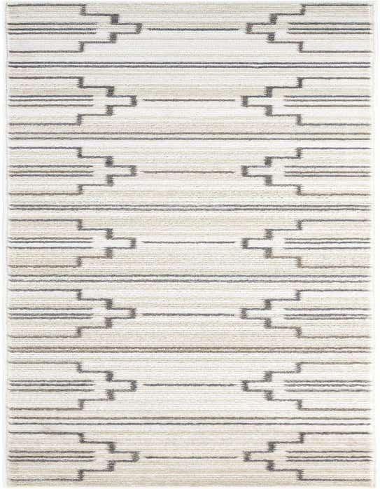 A 10 ft runner rug featuring a modern geometric pattern in shades of ivory, cream, and gray, ideal for a hallway.
