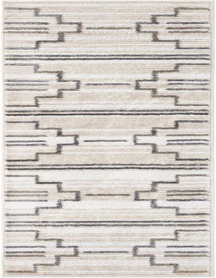 A 6 ft runner rug with a modern geometric pattern in ivories, creams, and grays, featuring a textured pile.