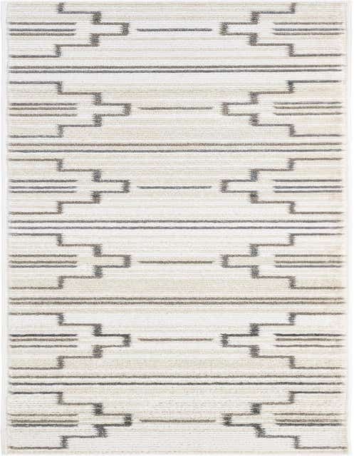 An 8 ft runner rug from the Odyssey collection, featuring a modern geometric pattern in ivory and cream tones with gray accents, ideal for a hallway or kitchen.