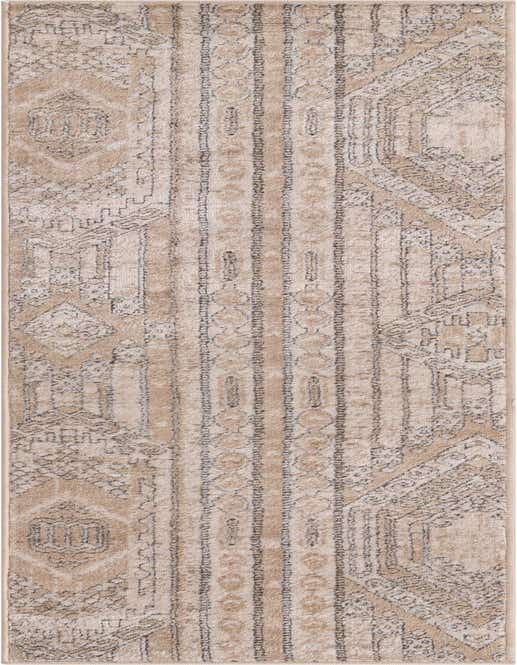 An 8 ft runner rug from the Rugs.com Oregon Collection, featuring a cream and ivory bohemian, tribal pattern with distressed stripes and geometric motifs, ideal for a hallway.