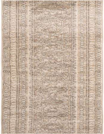 A 12 ft runner rug with a distressed Bohemian tribal pattern in shades of ivory, cream, and subtle grey.