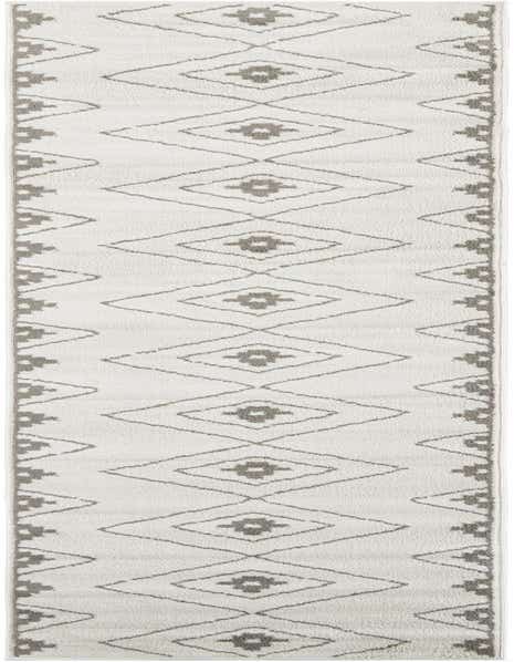 A 12 ft runner rug in ivory with a modern geometric diamond pattern in light gray, ideal for a hallway.