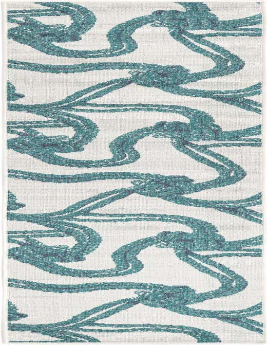 An 8 ft runner rug from the Outdoor Coastal collection featuring an ivory background with a teal abstract wave pattern, ideal for hallways or patios.