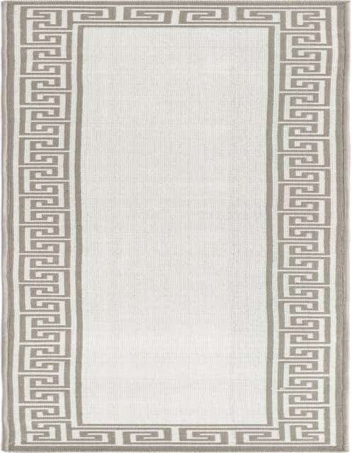 An 8 ft runner rug from the Outdoor Coastal collection featuring a cream center and a gray Greek key border pattern.