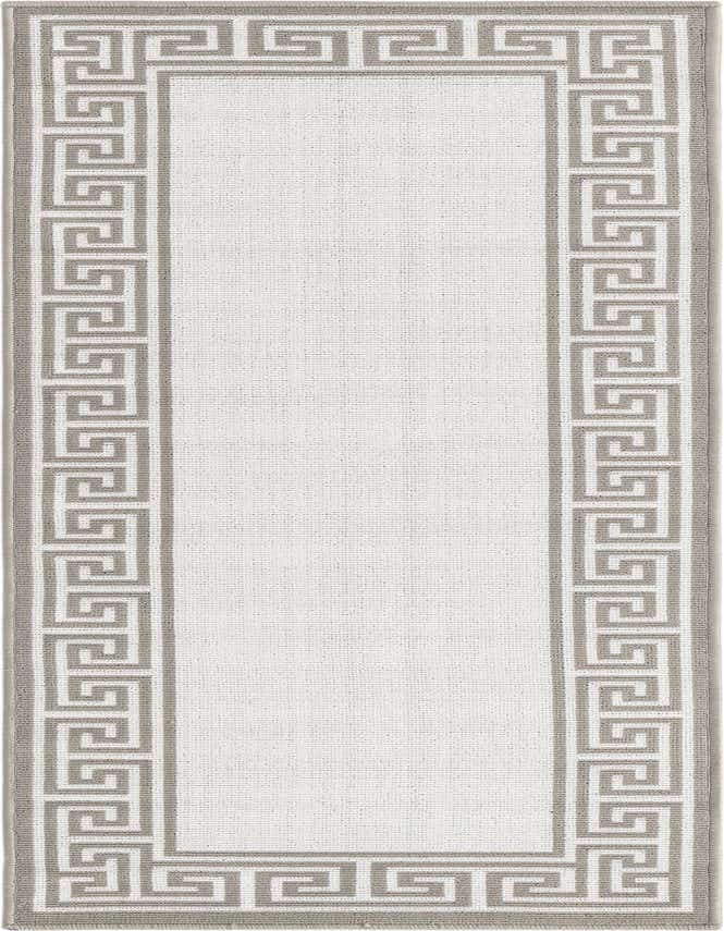 A 6 ft runner rug with a cream center and a gray Greek key border, suitable for a hallway or patio.
