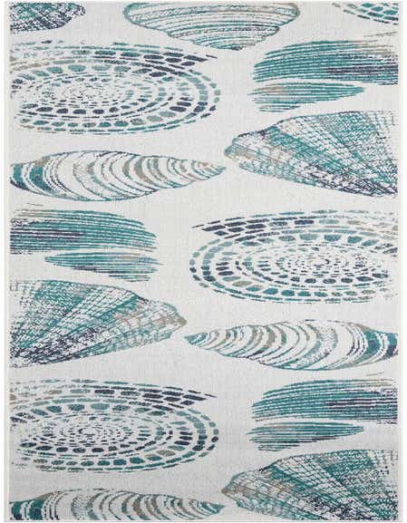 A 12 ft runner rug with a white background and large, abstract teal, blue, and grey seashell patterns, suitable for a hallway or patio.