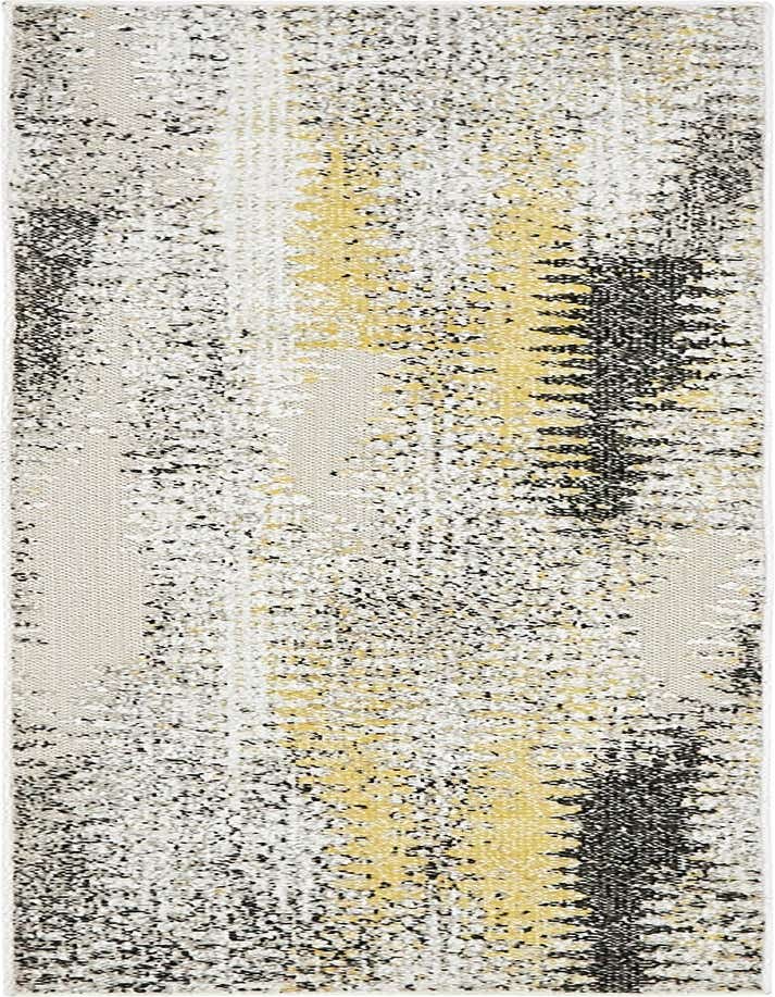 A 6 ft runner rug with an eclectic modern pattern in ivories, creams, whites, and subtle yellow and black accents, suitable for hallways or kitchens.