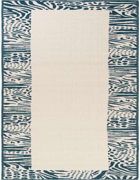 A 12 ft runner rug featuring a cream center and a wide teal border with a modern animal print pattern.