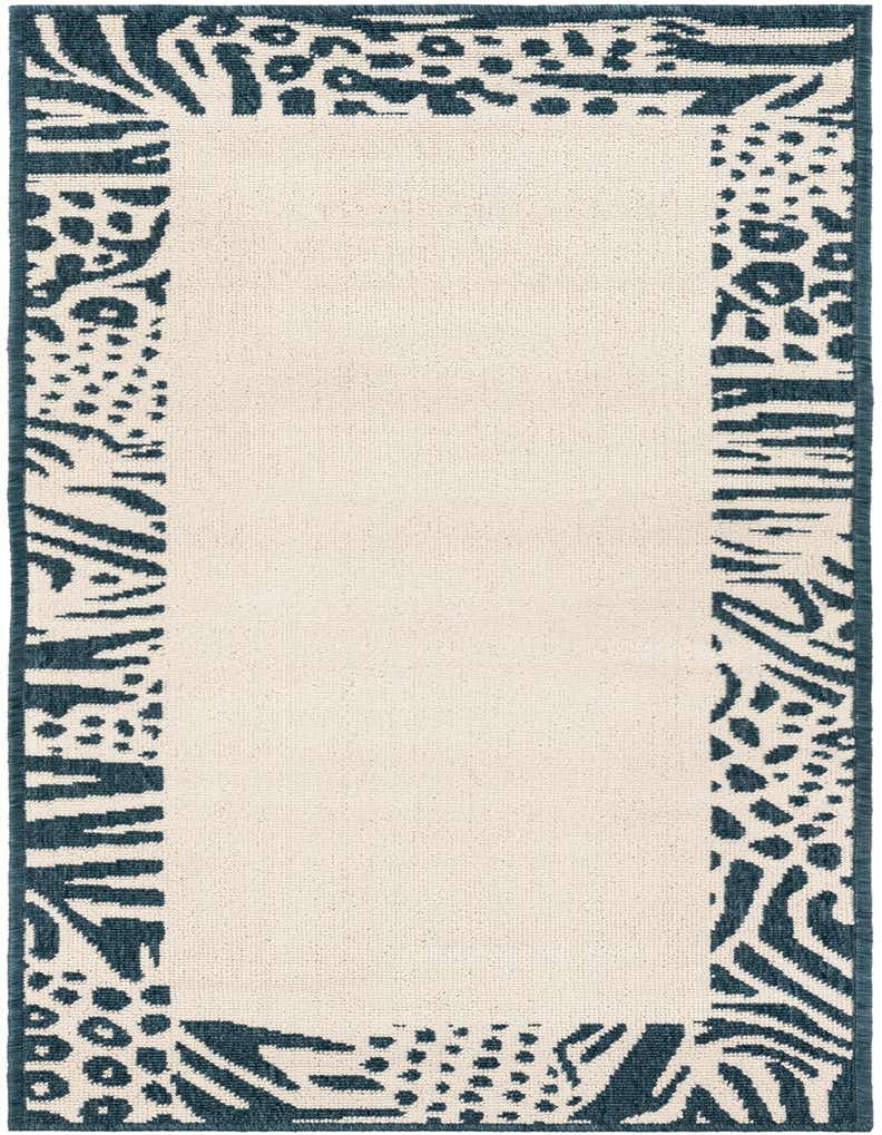 An ivory runner rug with a bold navy blue border featuring abstract animal print patterns like zebra stripes and leopard spots, suitable for a hallway or patio.