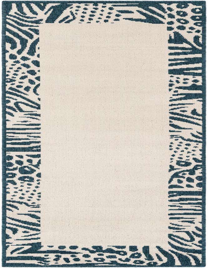 A 6 ft runner rug with a cream center and a wide teal border featuring abstract animal print patterns like zebra stripes and leopard spots.