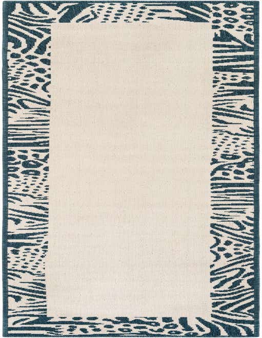 An 8 ft runner rug featuring a cream center bordered by a modern navy blue and cream animal print pattern, suitable for hallways or patios.