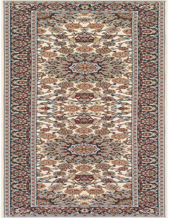 A 10 ft runner rug featuring an ivory background with a detailed red, blue, and brown traditional medallion pattern and a dark border.