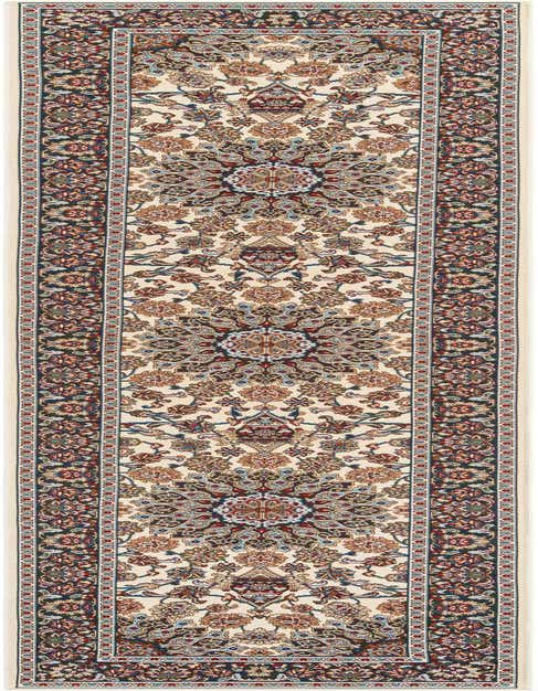 A 12 ft ivory runner rug with a traditional oriental medallion pattern in reds, blues, and browns, ideal for a hallway or patio.