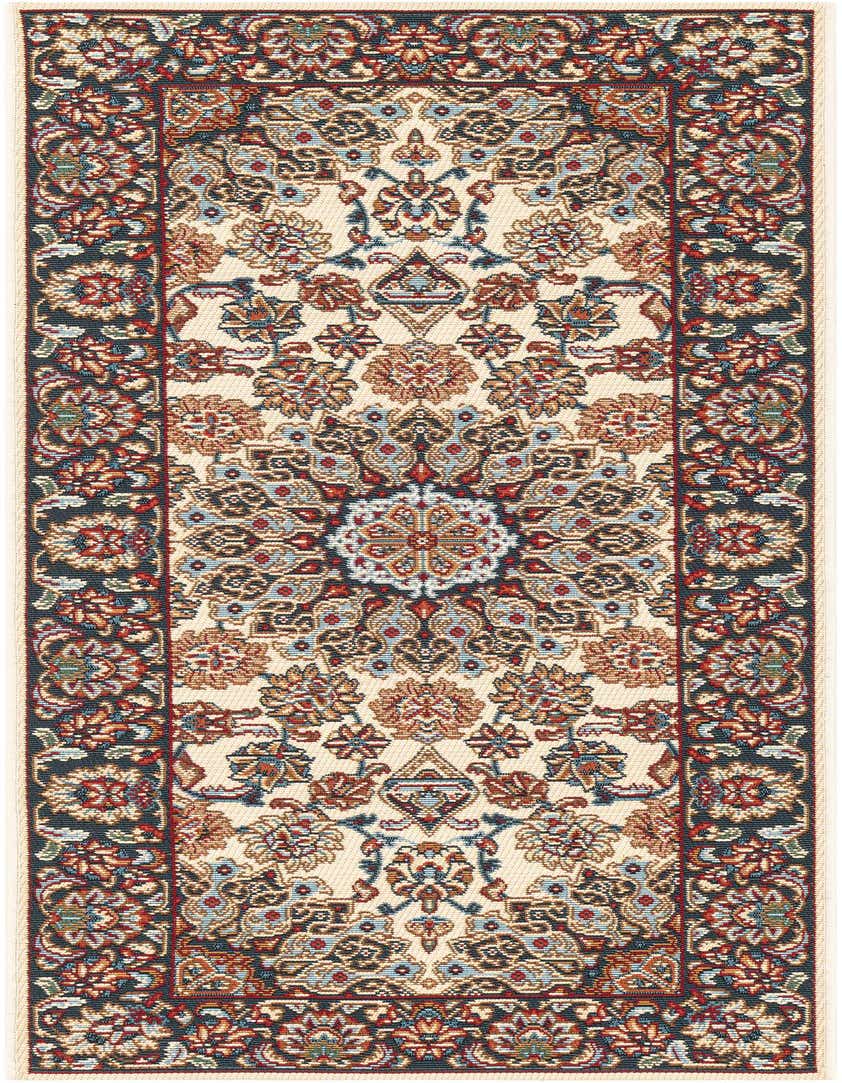 A 5 ft runner rug with an ivory field and a traditional Oriental medallion pattern in red, blue, and brown, framed by a dark border.