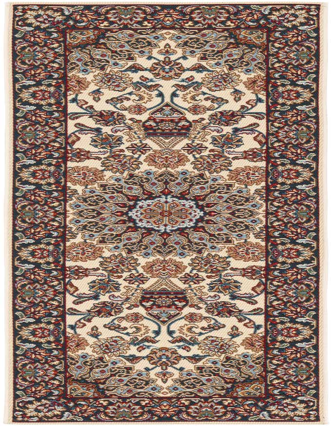 A 6 ft runner rug with a cream background and a traditional Oriental medallion pattern in red, blue, and black, suitable for a hallway or patio.