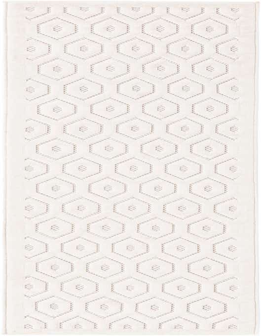 An 8 ft runner rug in ivory and cream with a modern high/low textured geometric pattern, ideal for hallways or patios.