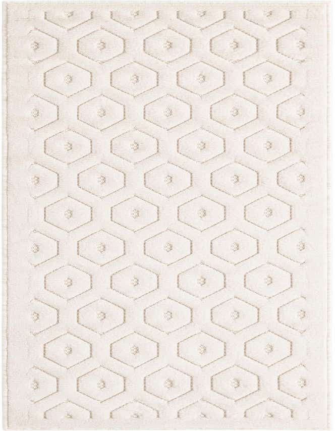 A 6 ft runner rug with a modern ivory and cream textured honeycomb pattern, ideal for hallways or patios.
