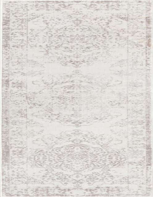 An 8 ft runner rug with a distressed traditional medallion pattern in shades of ivory and cream, ideal for a hallway or kitchen.