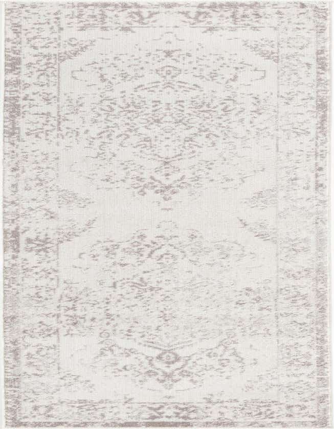 A 6 ft runner rug in ivory and cream with a distressed traditional medallion pattern, ideal for a hallway or kitchen.