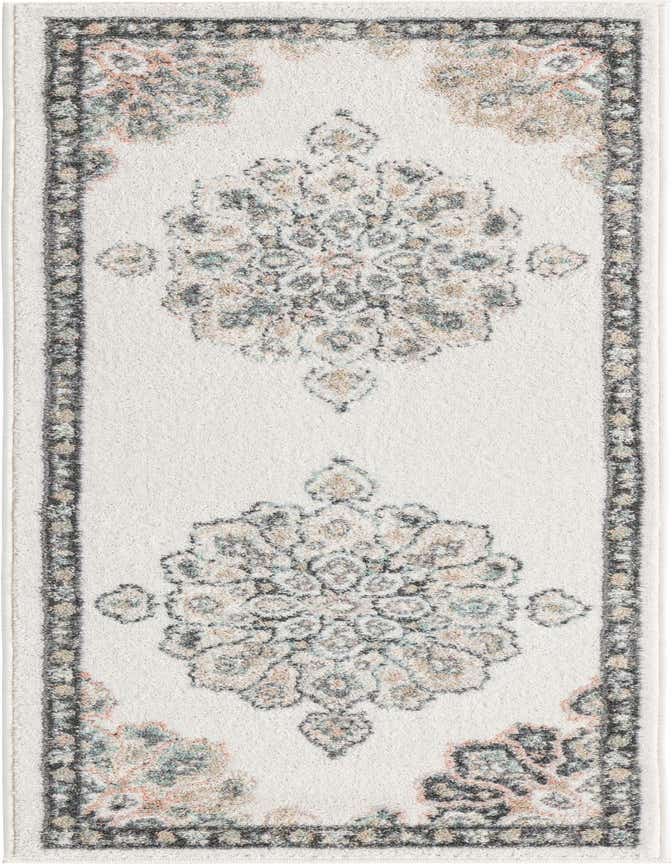 A 6 ft ivory runner rug with a traditional medallion pattern in muted grays, blues, and peaches, ideal for a hallway.