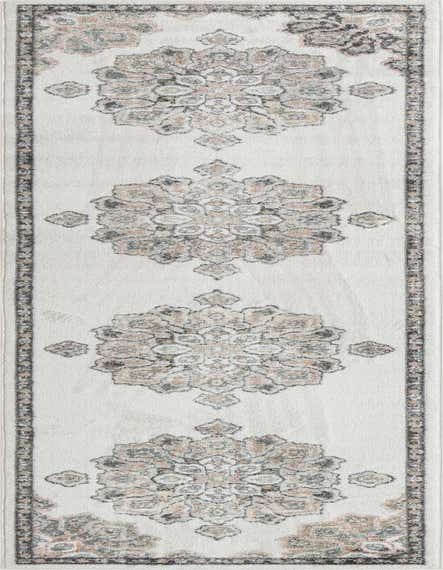 A 12 ft runner rug in ivory with a traditional medallion pattern in muted grays, creams, and hints of peach.