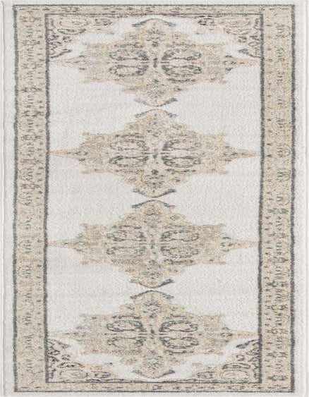 A 12 ft ivory runner rug with a traditional medallion pattern in beige and charcoal, perfect for a hallway.