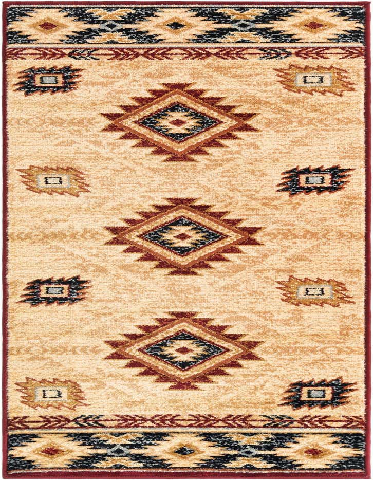 A 6 ft runner rug with a cream background, featuring Southwestern tribal patterns in black, red, and gold, ideal for a hallway.