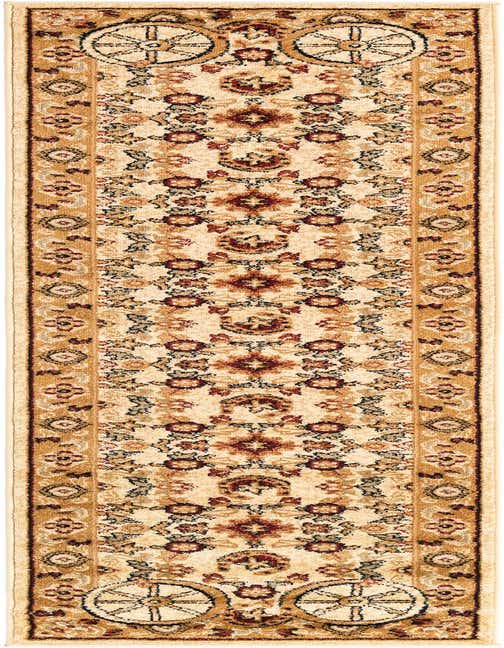 An 8 ft runner rug from the Rugs.com Pioneer collection, featuring a rustic medallion pattern in ivory, cream, and tan with hints of red and black.