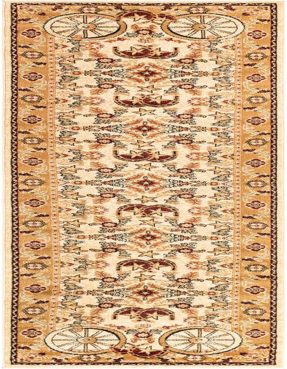 A 12 ft runner rug with a rustic medallion pattern in ivories, creams, and golds, featuring wagon wheels and stars.