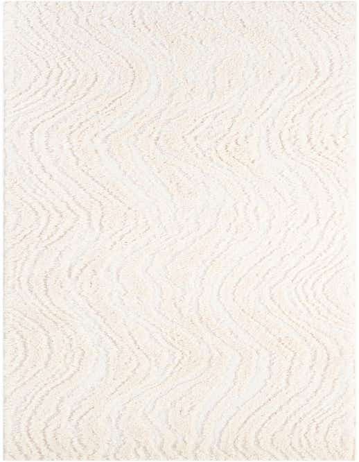 A 10 ft runner rug in ivory and cream, featuring a modern abstract wave pattern with a textured medium pile, ideal for hallways.