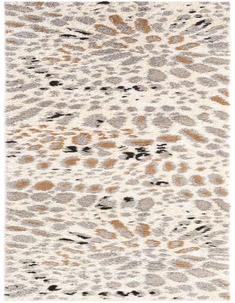 An 8 ft runner rug with an abstract, modern pattern in ivory, cream, gray, and subtle brown tones, featuring a textured pile.