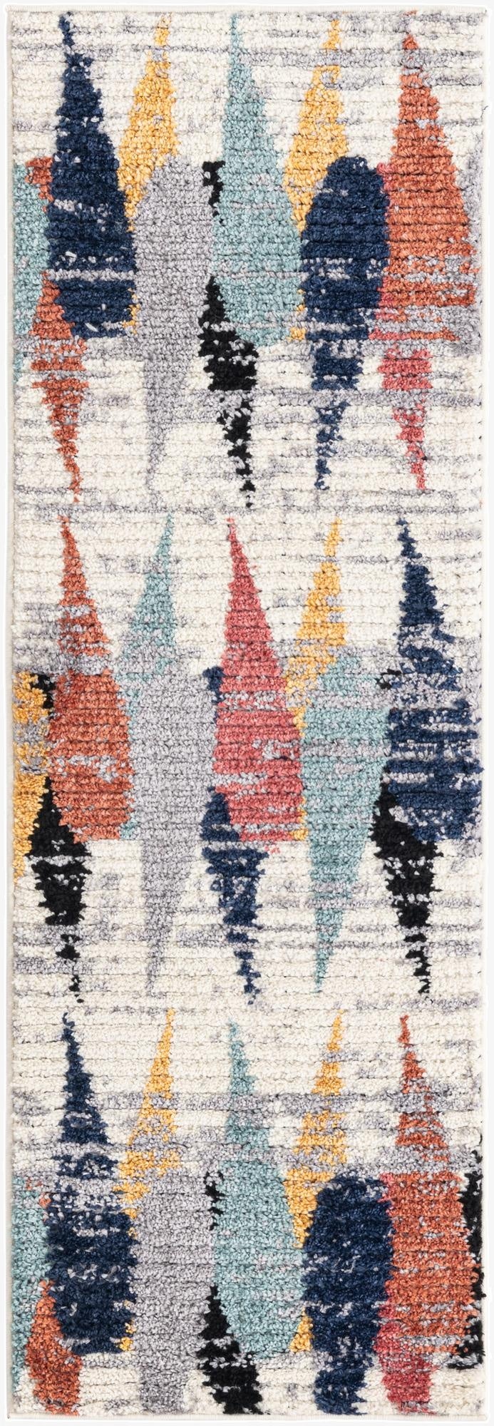 A 6 ft runner rug with a modern, textured pattern of colorful abstract shapes in ivory, cream, blue, orange, and gray.