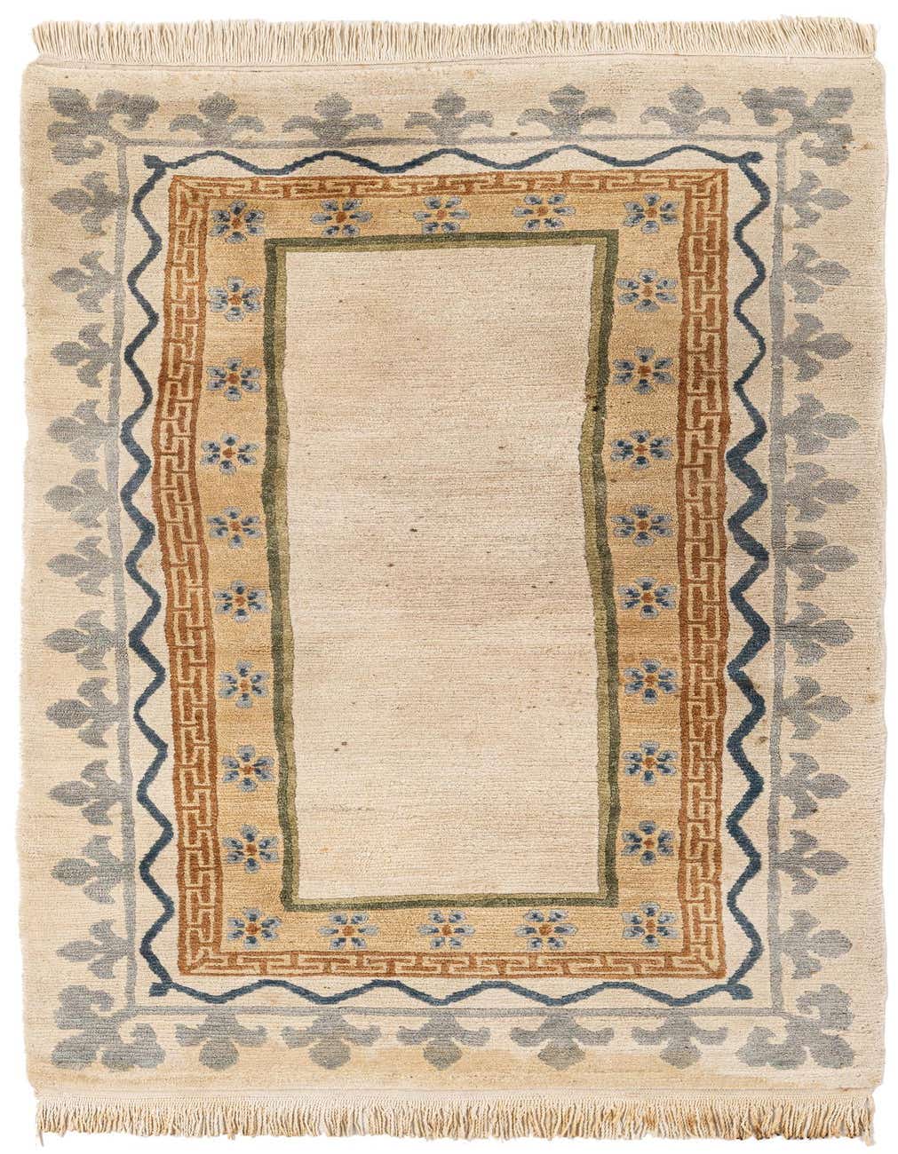 A 6 ft ivory wool runner rug with a modern oriental floral border in blue, green, and brown.