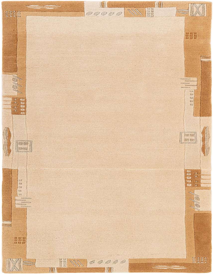 A 6 ft runner rug with an ivory center and a modern oriental border in shades of cream and light brown.