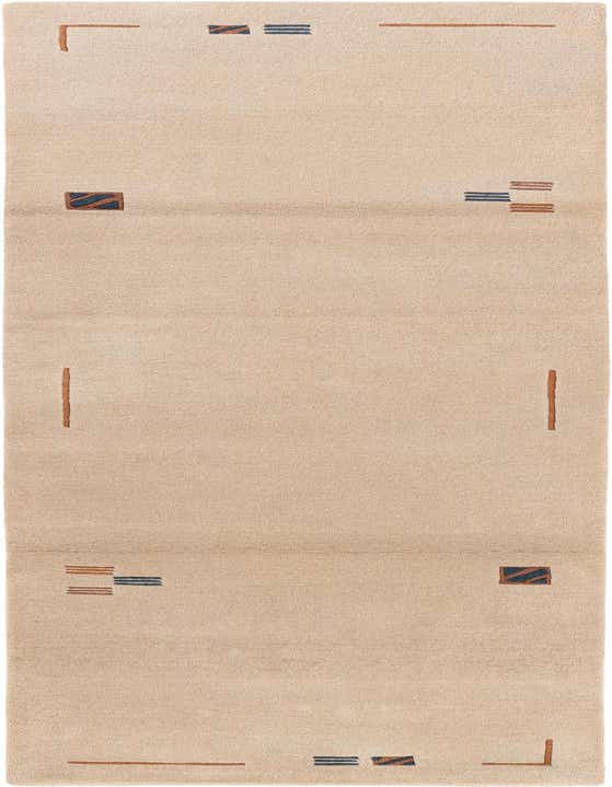 A 10 ft runner rug in ivory with a modern abstract pattern featuring small dark blue and rust-colored geometric shapes and lines.