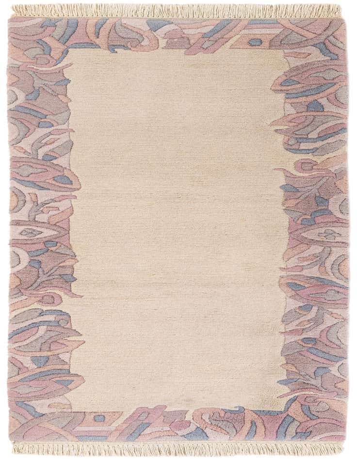 A 6 ft runner rug with an ivory center and a modern abstract border in shades of pink, blue, and cream, perfect for a hallway.