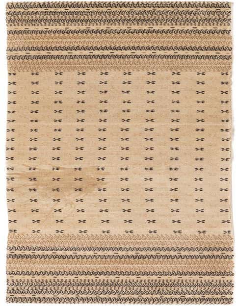 A 9 ft runner rug with a modern Oriental pattern in ivory and dark brown, featuring geometric motifs and striped borders.