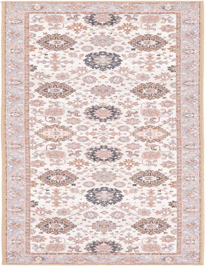 A 6 ft runner rug featuring a traditional medallion pattern in ivory, cream, brown, and light blue hues, ideal for a hallway.