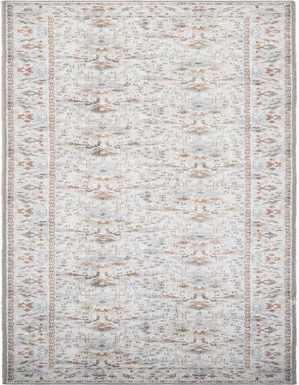 A 12 ft runner rug with an ivory and cream background featuring a distressed traditional Oriental medallion pattern in muted grays, blues, and rust tones, ideal for a hallway.