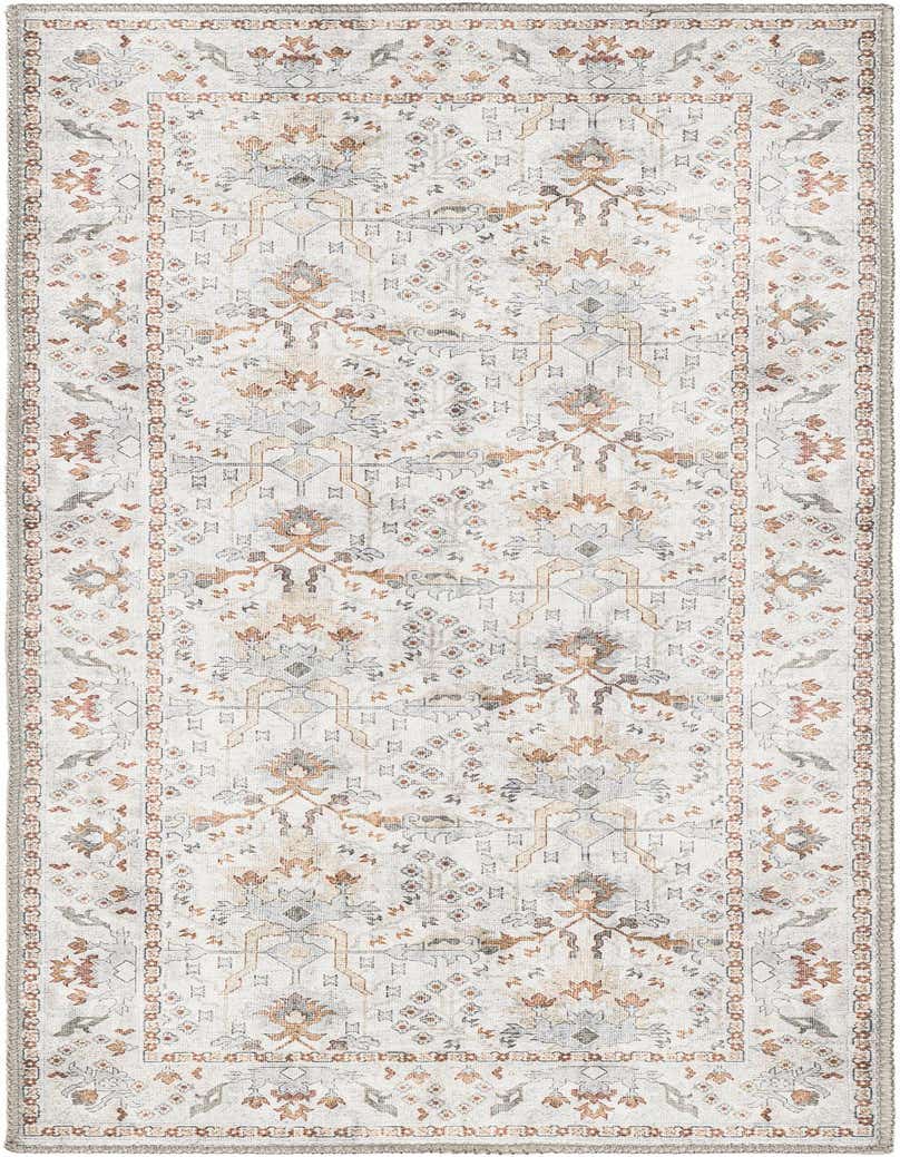A 5 ft runner rug in ivory and cream with a distressed traditional medallion pattern and subtle orange and gray accents.