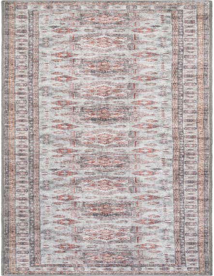 A 12 ft runner rug with a distressed ivory and cream background, featuring traditional oriental patterns in shades of red, gray, and subtle orange, ideal for a hallway.